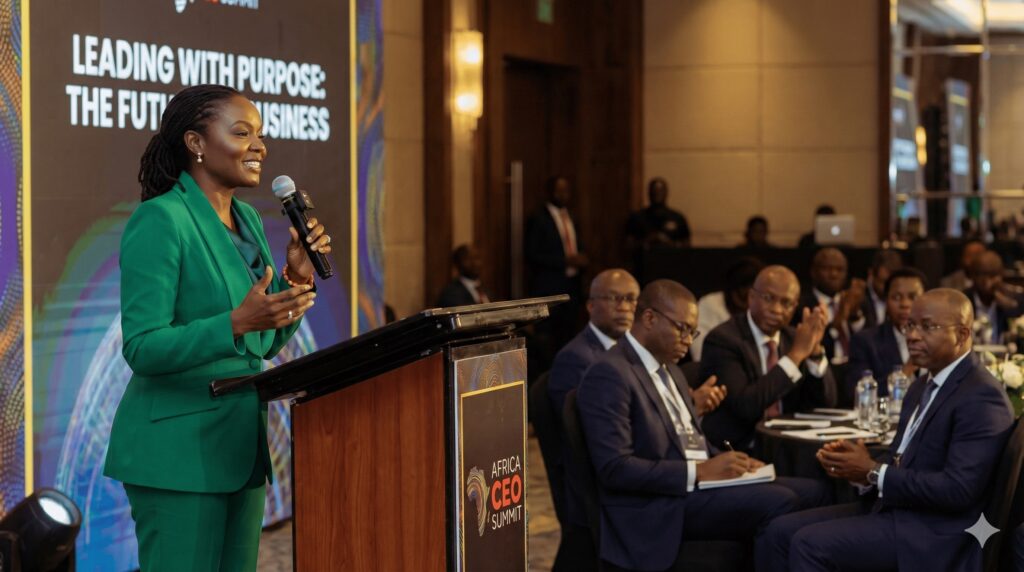 Joyce Daniels moderating a corporate event as a professional MC in Nigeria